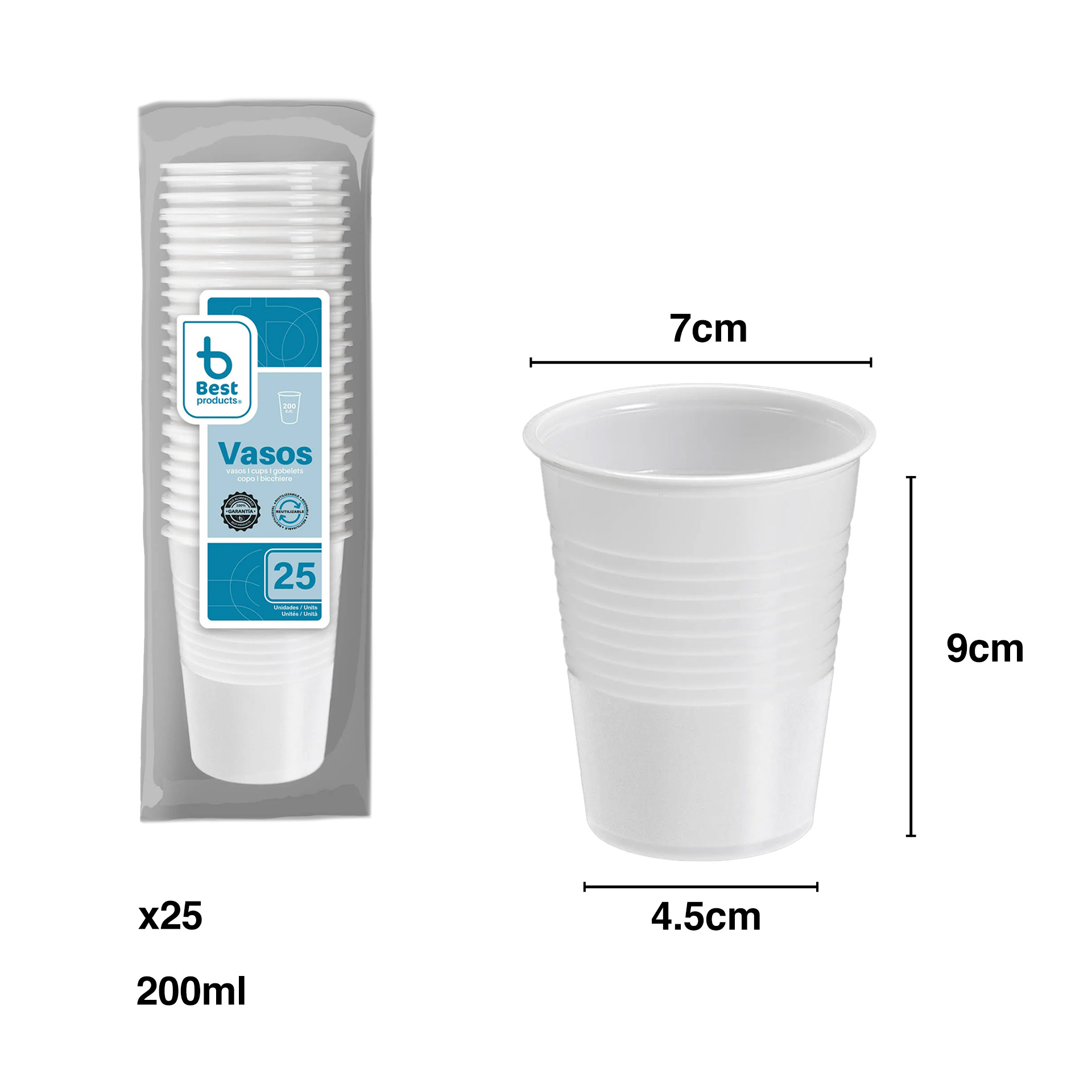 Copo Plástico Reutilizável Branco 200ml 7X4.5X9cm Pack 25