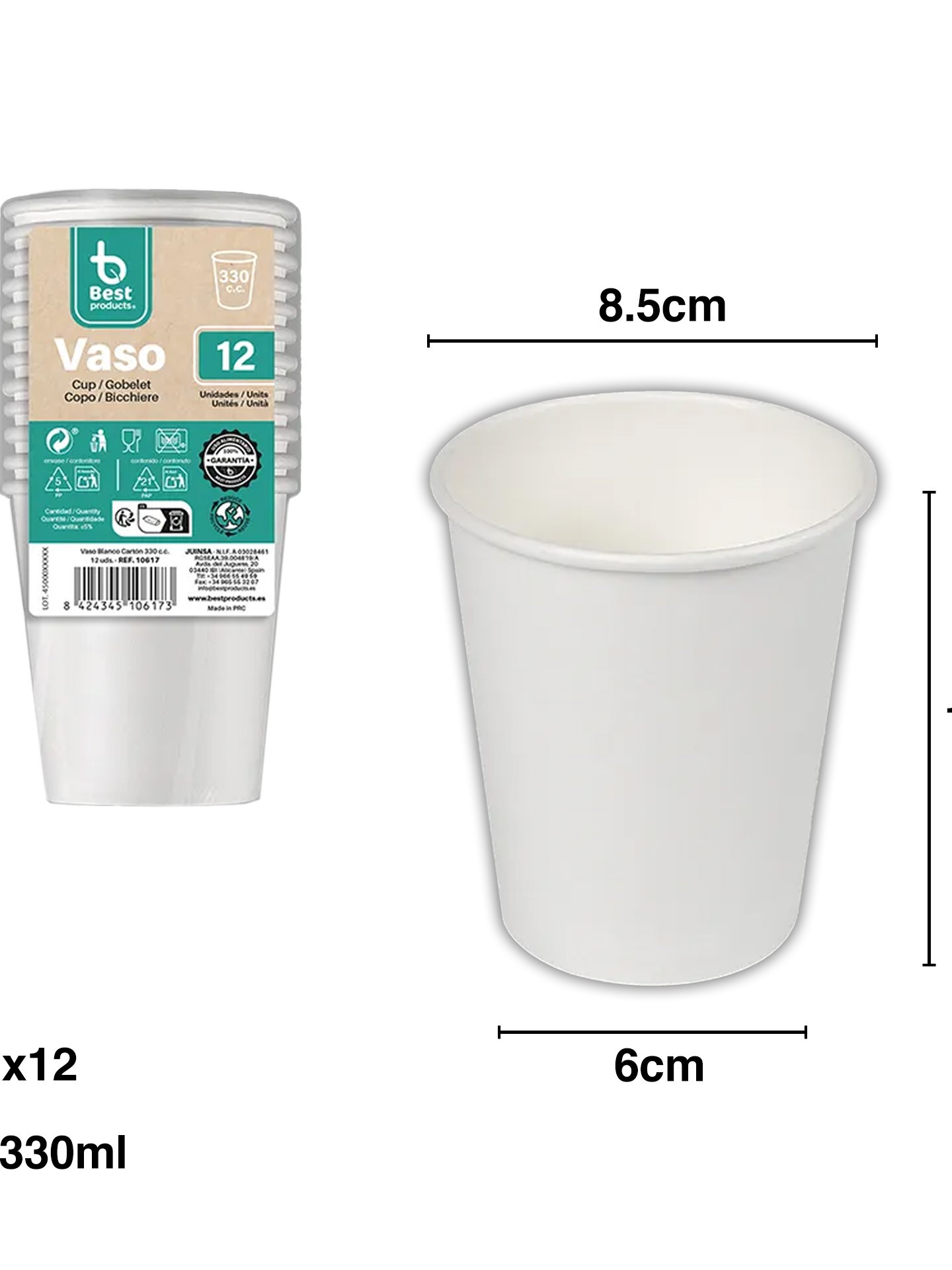 Copo Cartão Branco 330ml 8.5X6X11.2cm Pack 12