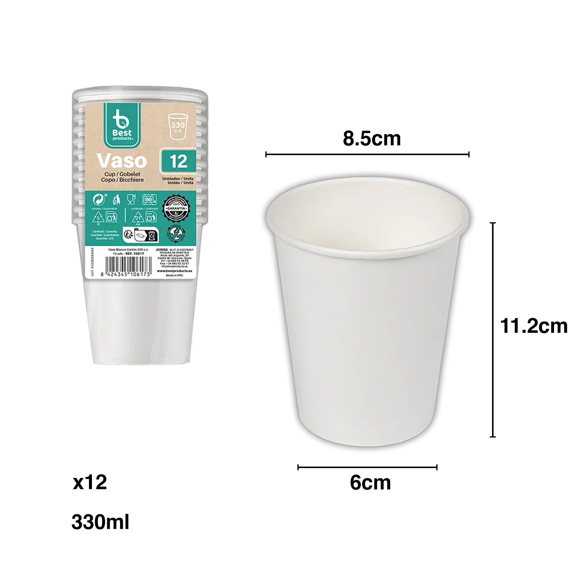 Copo Cartão Branco 330ml 8.5X6X11.2cm Pack 12