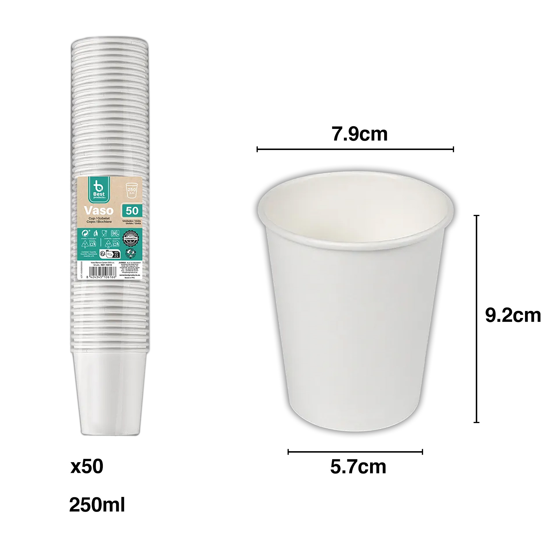 Copo Cartão Branco 250ml 7.9X5.7X9.2cm Pack 50