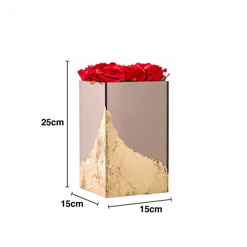 Cubo Folha Ouro / Bronze Rosas Vermelhas
