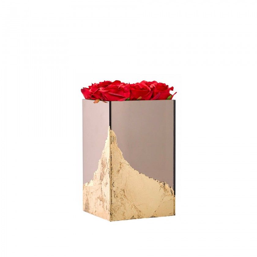 Cubo Folha Ouro / Bronze Rosas Vermelhas