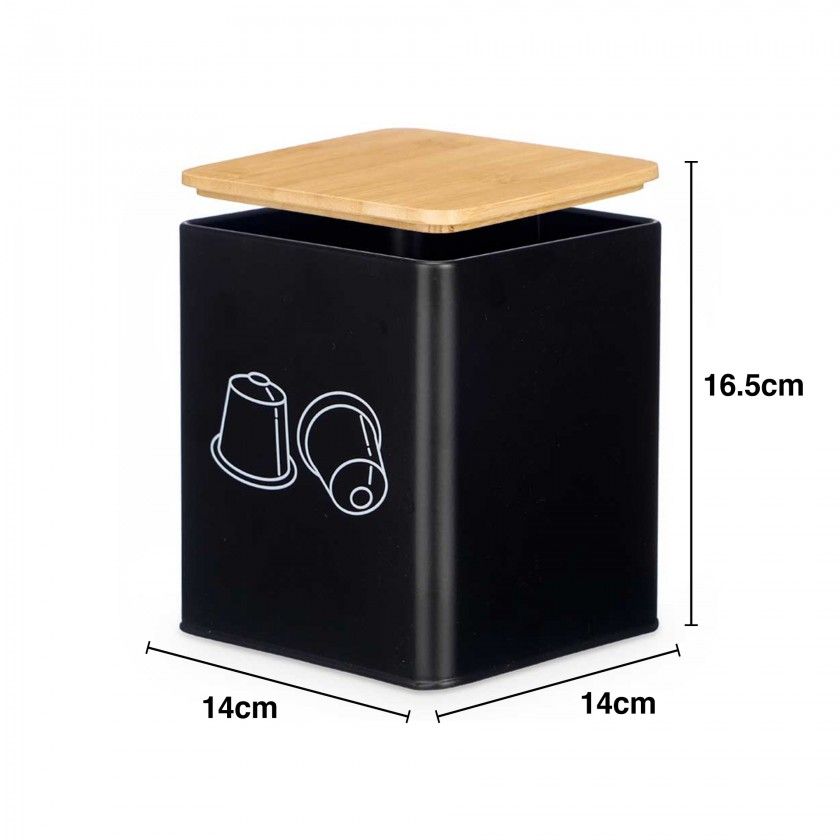 Caixa Cápsulas Café Metal Tampa Bambu 14X14X16.5cm Caixa Cápsulas Café Metal Tampa Bambu 14X14X16.5cm
