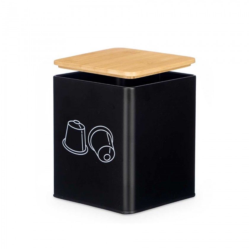 Caixa Cpsulas Caf Metal Tampa Bambu 14X14X16.5cm