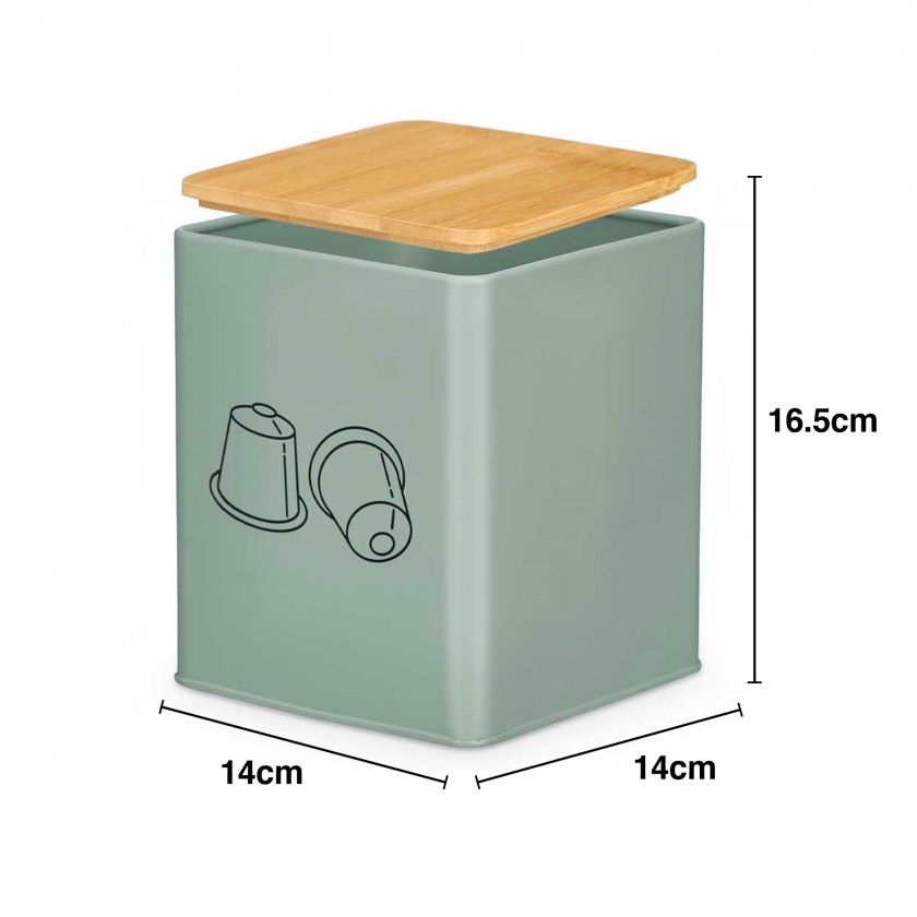 Caixa Cápsulas Café Metal Tampa Bambu 14X14X16.5cm Caixa Cápsulas Café Metal Tampa Bambu 14X14X16.5cm