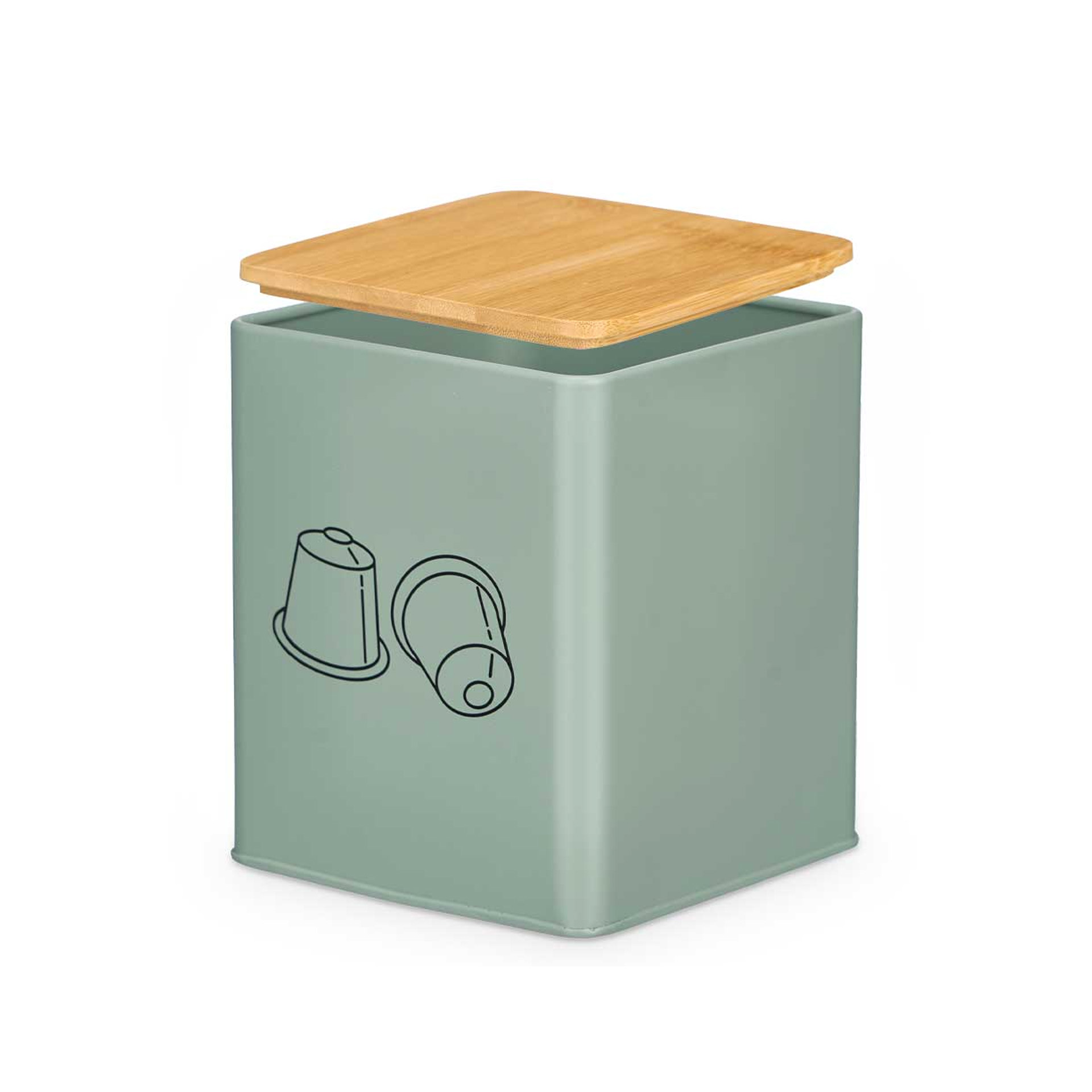 Caixa Cápsulas Café Metal Tampa Bambu 14X14X16.5cm