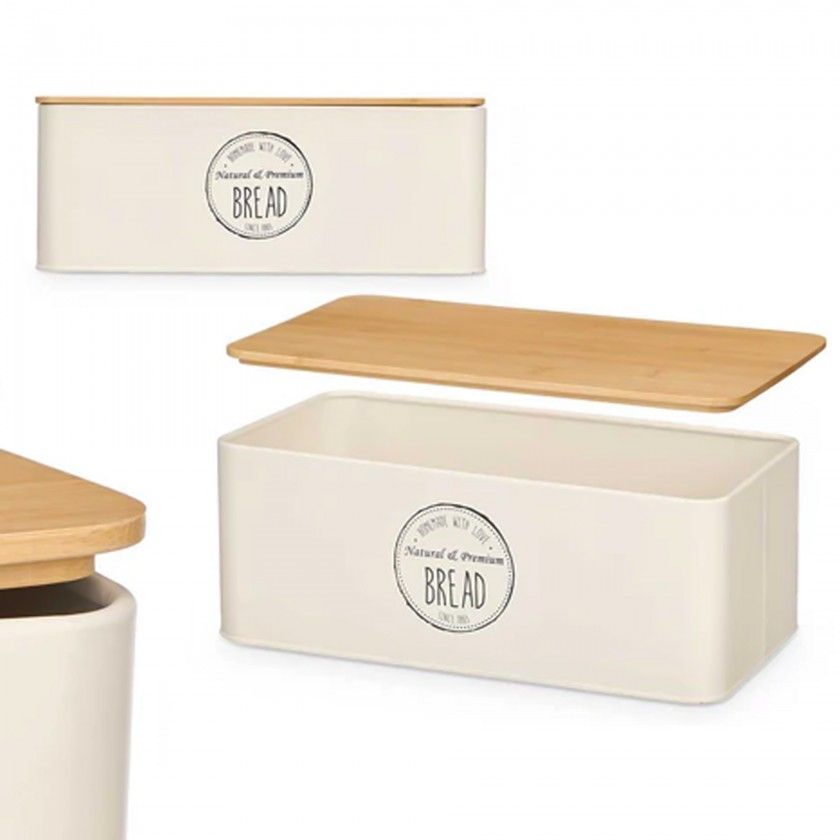 Caixa Pão Metal Tampa Bambu 33X18X12cm Caixa Pão Metal Tampa Bambu 33X18X12cm