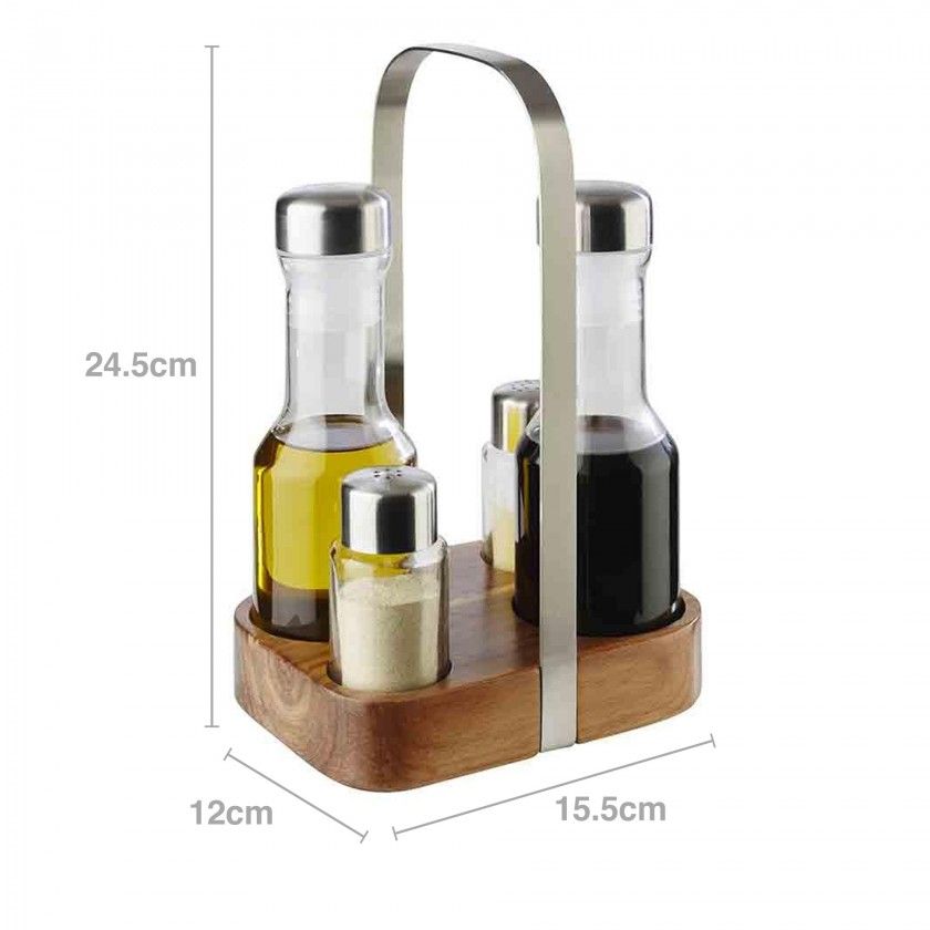 Galheteiro Inox/Vidro com Base Madeira 15.5X12X24.5cm