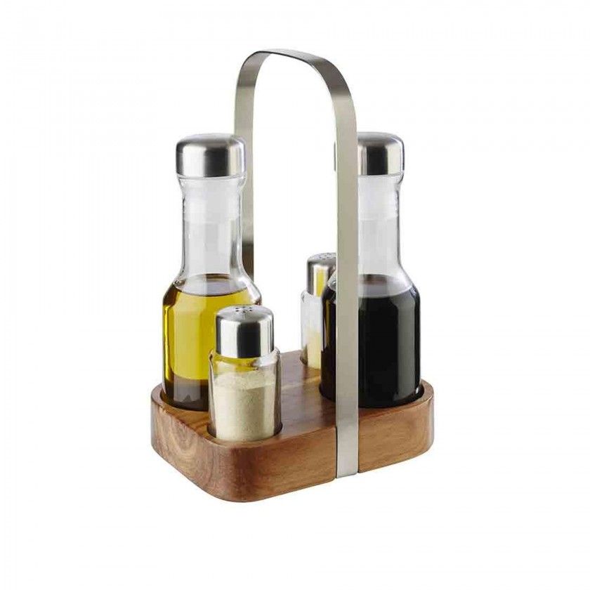 Galheteiro Inox/Vidro com Base Madeira 15.5X12X24.5cm