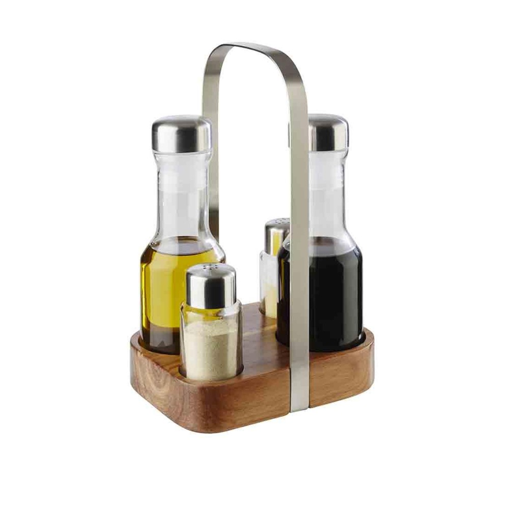 Galheteiro Inox/Vidro com Base Madeira 15.5X12X24.5cm