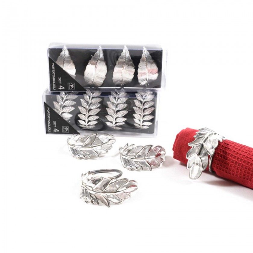 Argolas Guardanapo Folha Prateado 4cm Pack 4