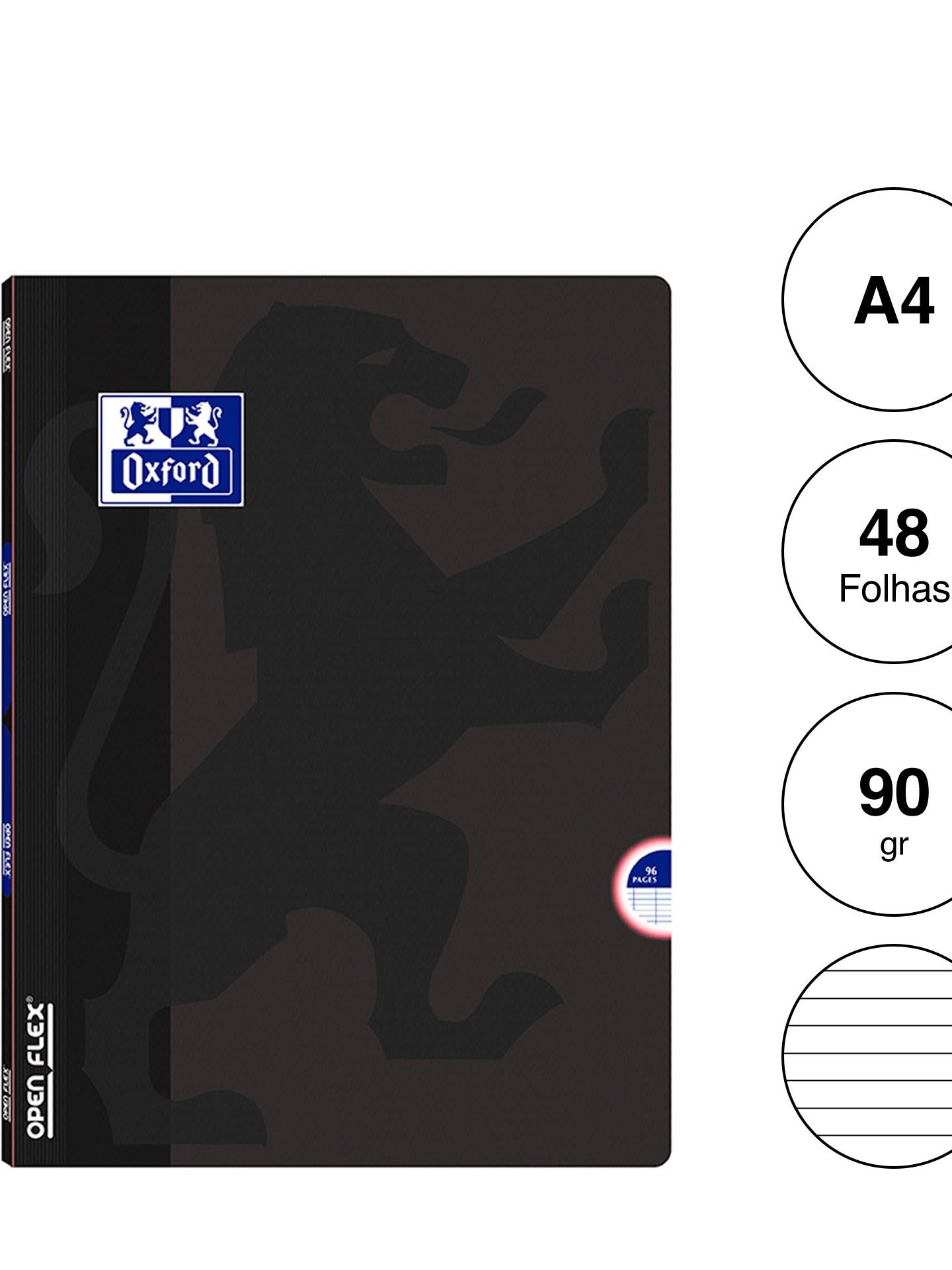 Caderno Agrafado Oxford Openflex A4 48 Folhas Pautado Preto