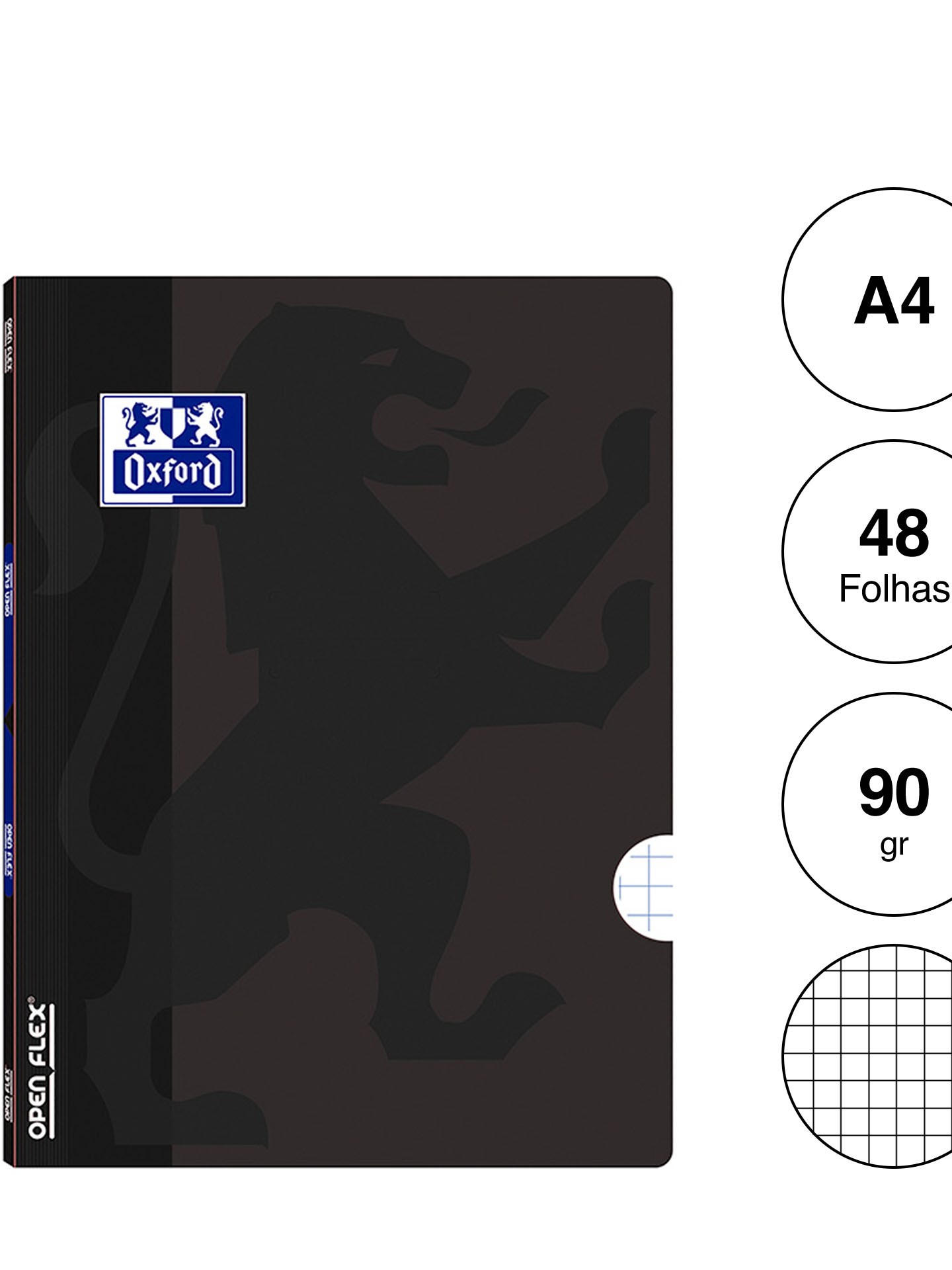Caderno Agrafado Oxford Openflex A4 48 Folhas Quadriculado Preto