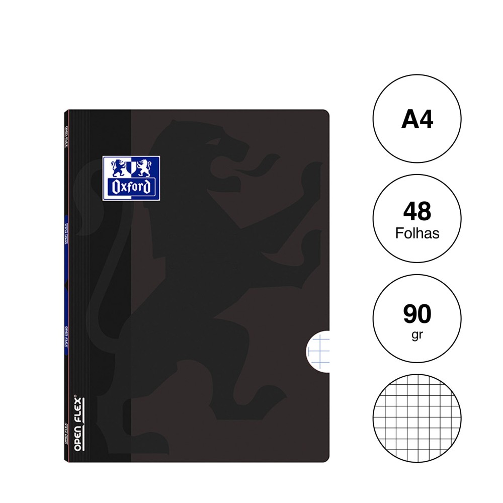 Caderno Agrafado Oxford Openflex A4 48 Folhas Quadriculado Preto