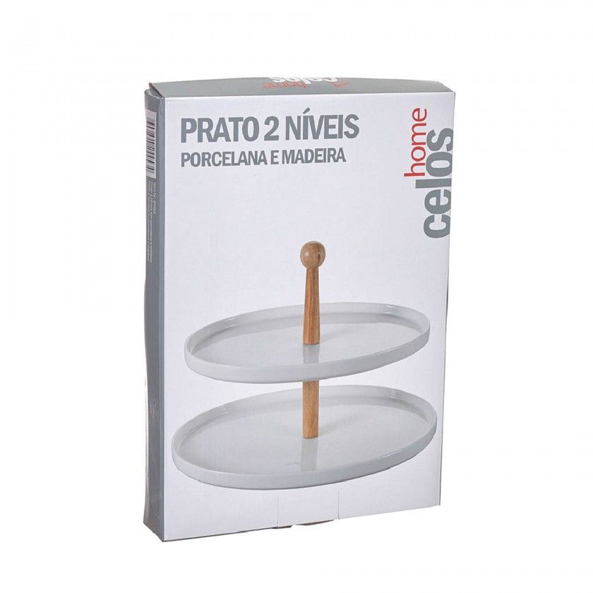 Prato Porcelana 2 Níveis com Pega Madeira 36.5X26.5cm Prato Porcelana 2 Níveis com Pega Madeira 36.5X26.5cm