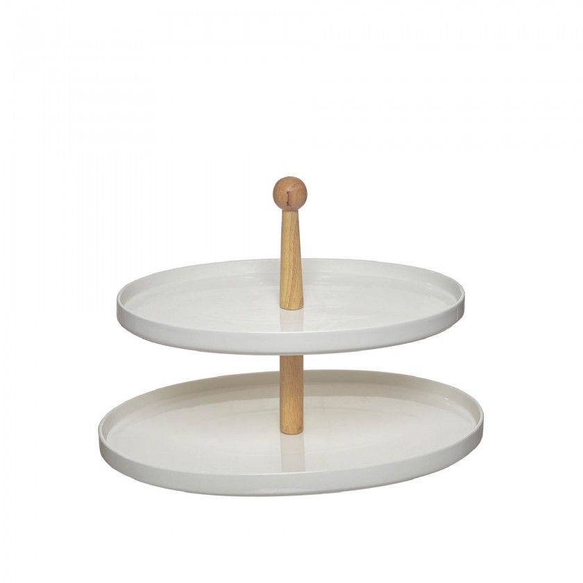 Prato Porcelana 2 Nveis com Pega Madeira 36.5X26.5cm