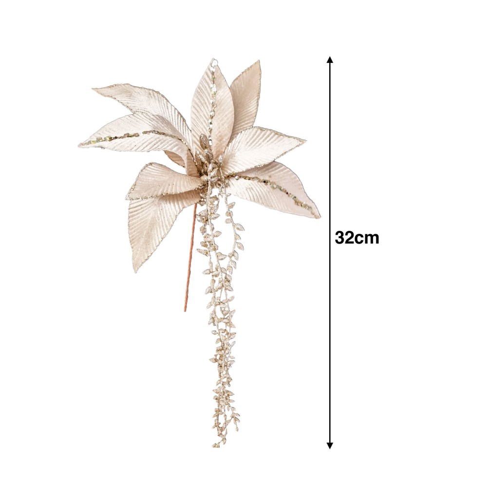 Haste Poinsetia Veludo E Lantejoulas 32cm