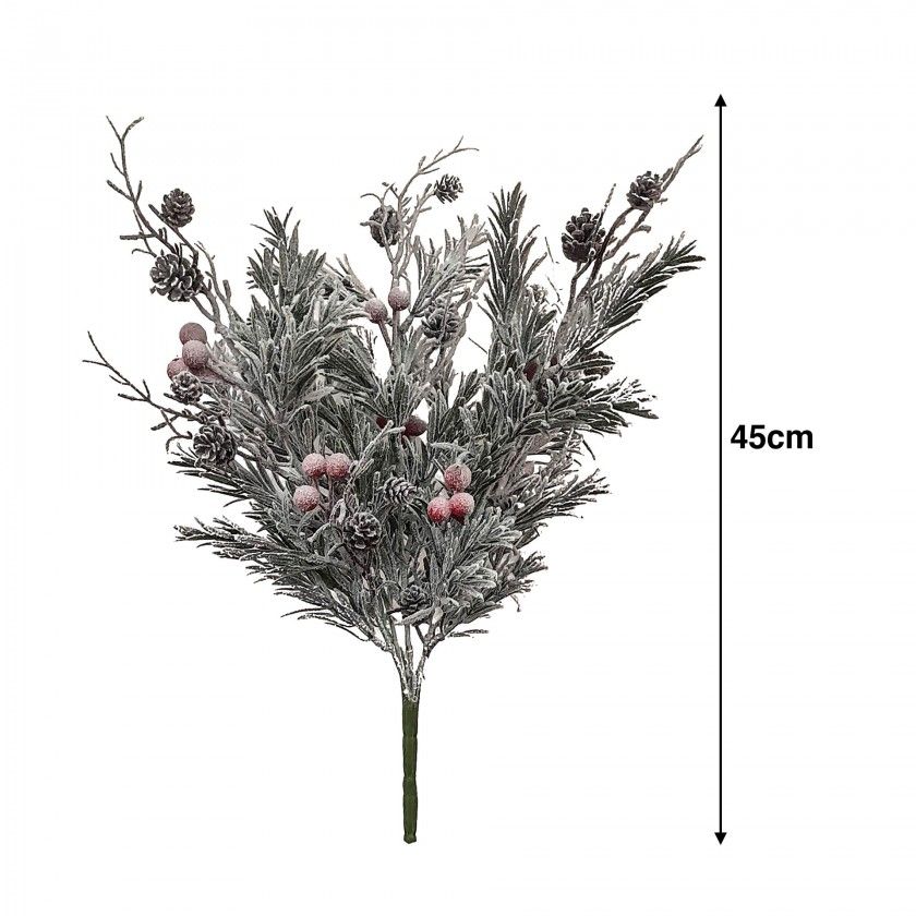 Ramo Flocado Folha De Alecrim Bagas 45cm