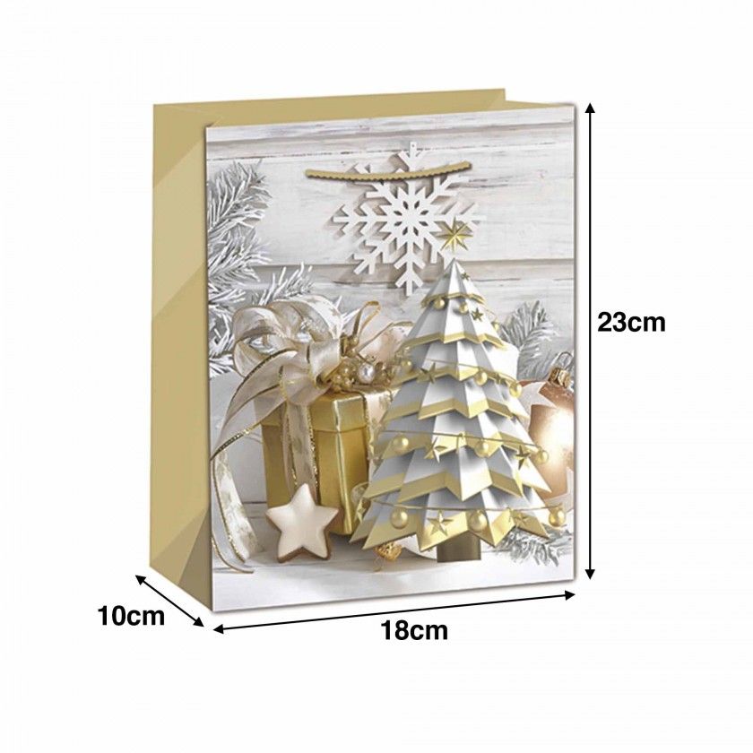 Saco Papel Asa Retorcida Natal Arvore Dourado 18X10X23cm Saco Papel Asa Retorcida Natal Arvore Dourado 18X10X23cm