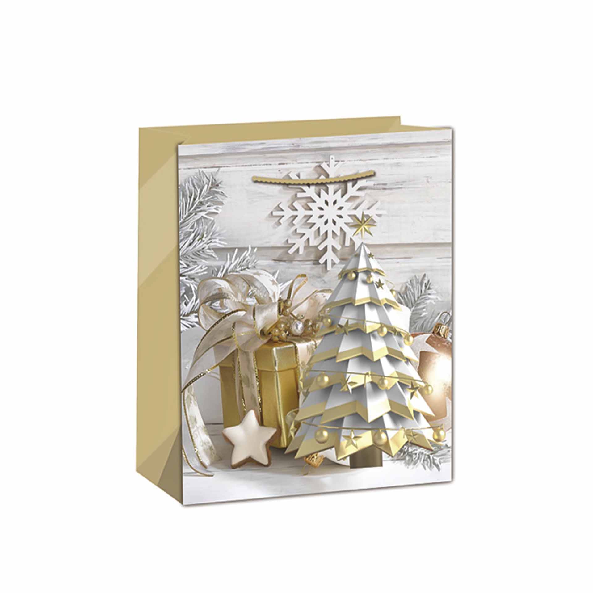 Saco Papel Asa Retorcida Natal Arvore Dourado 26X12X32cm