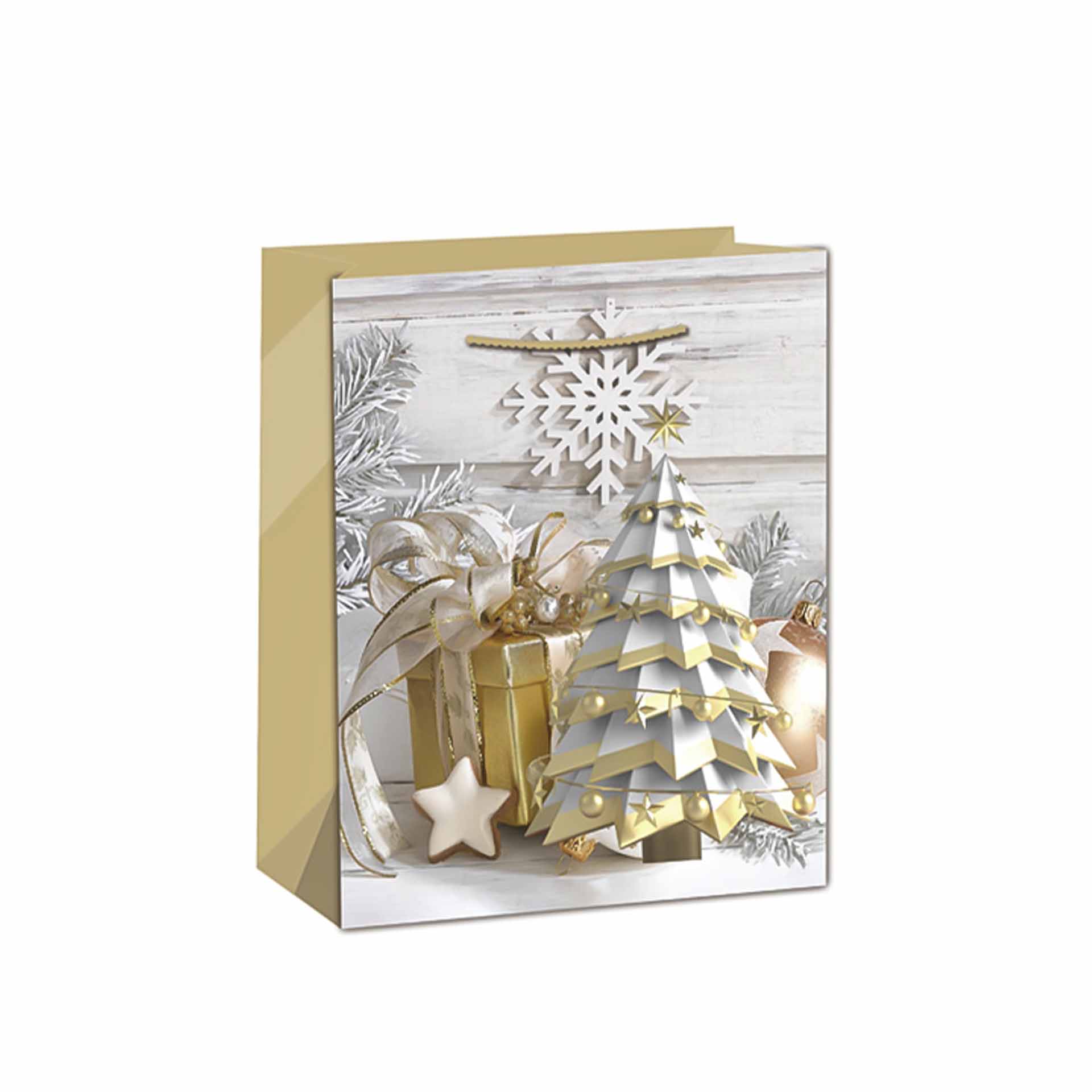 Saco Papel Asa Retorcida Natal Arvore Dourado 18X10X23cm