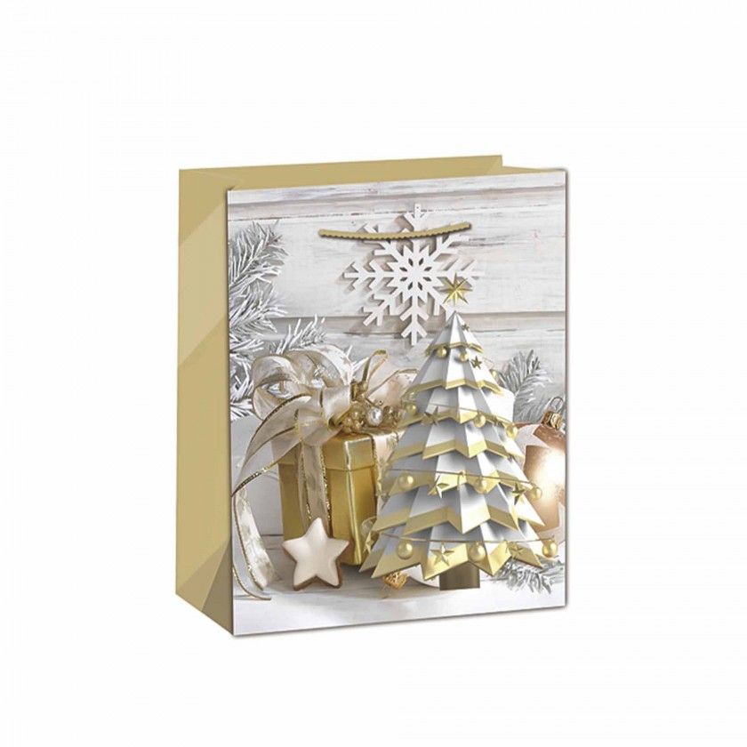 Saco Papel Asa Retorcida Natal Arvore Dourado 18X10X23cm Saco Papel Asa Retorcida Natal Arvore Dourado 18X10X23cm
