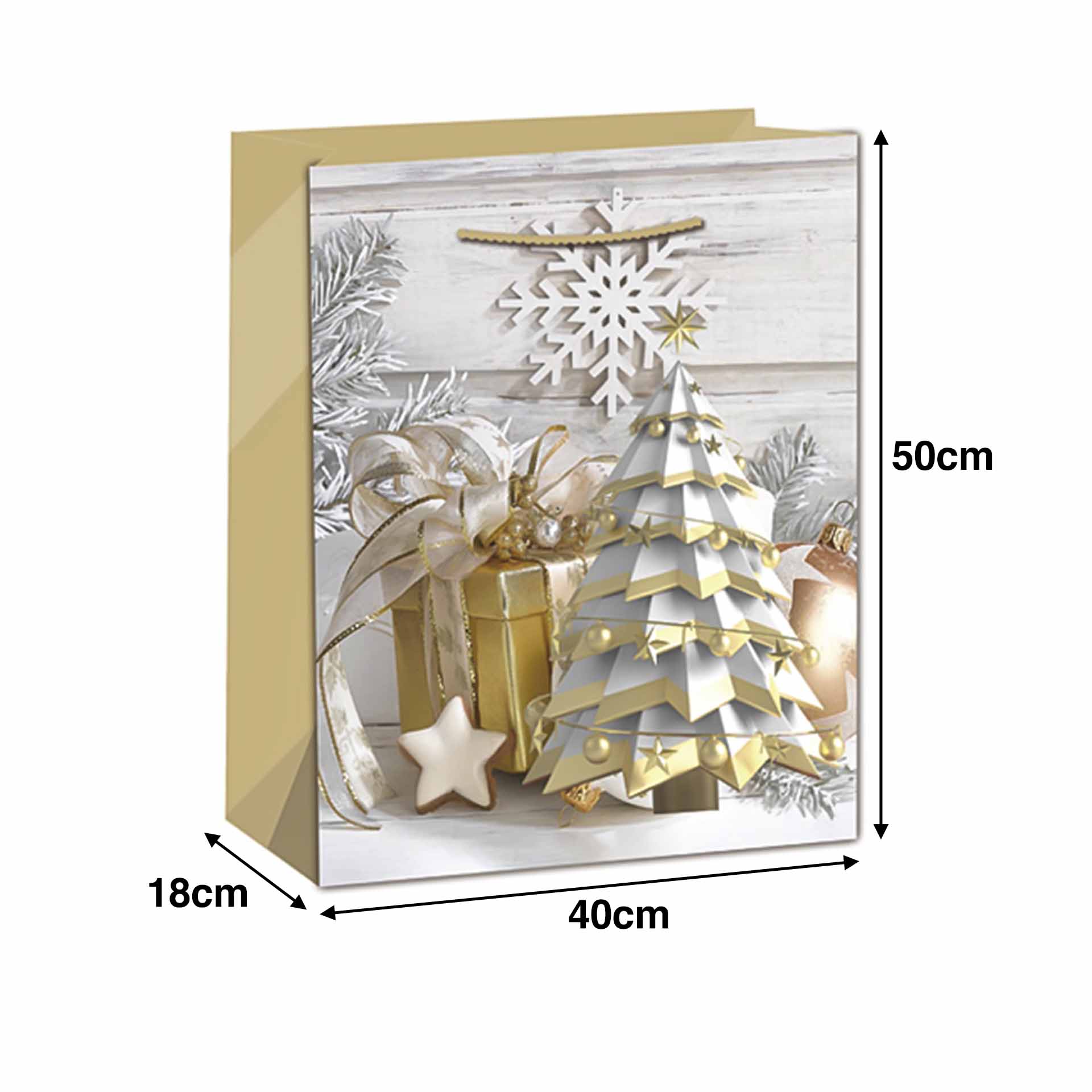 Saco Papel Asa Retorcida Natal Arvore Dourado 40X18X50cm