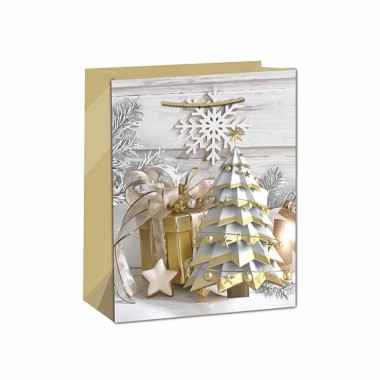 Saco Papel Asa Retorcida Natal Arvore Dourado 31X12X42cm