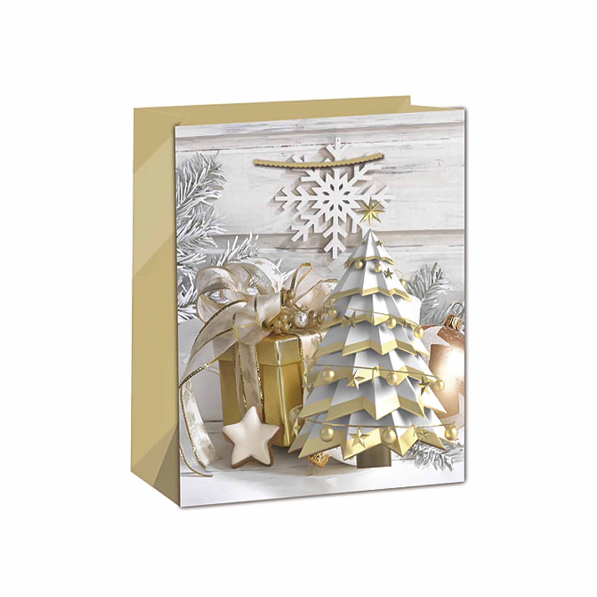 Saco Papel Asa Retorcida Natal Arvore Dourado 31X12X42cm