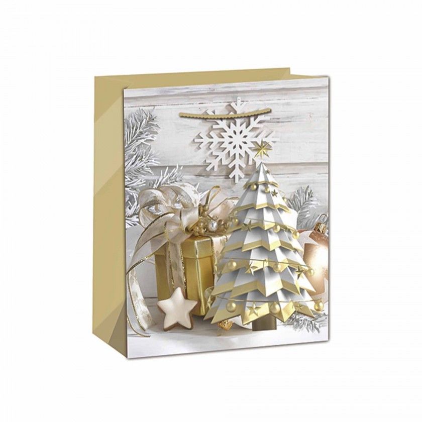 Saco Papel Asa Retorcida Natal Arvore Dourado 31X12X42cm Saco Papel Asa Retorcida Natal Arvore Dourado 31X12X42cm