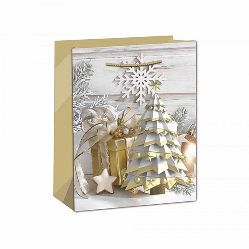 Saco Papel Asa Retorcida Natal Arvore Dourado 40X18X50cm Saco Papel Asa Retorcida Natal Arvore Dourado 40X18X50cm