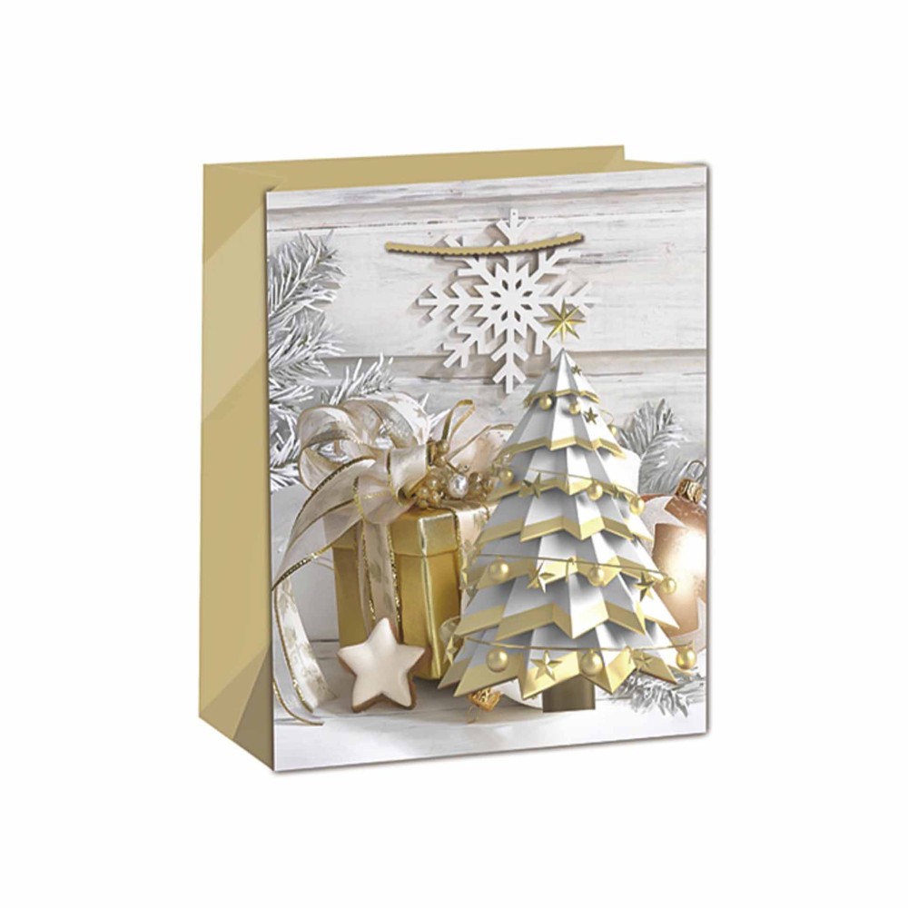 Saco Papel Asa Retorcida Natal Arvore Dourado 31X12X42cm