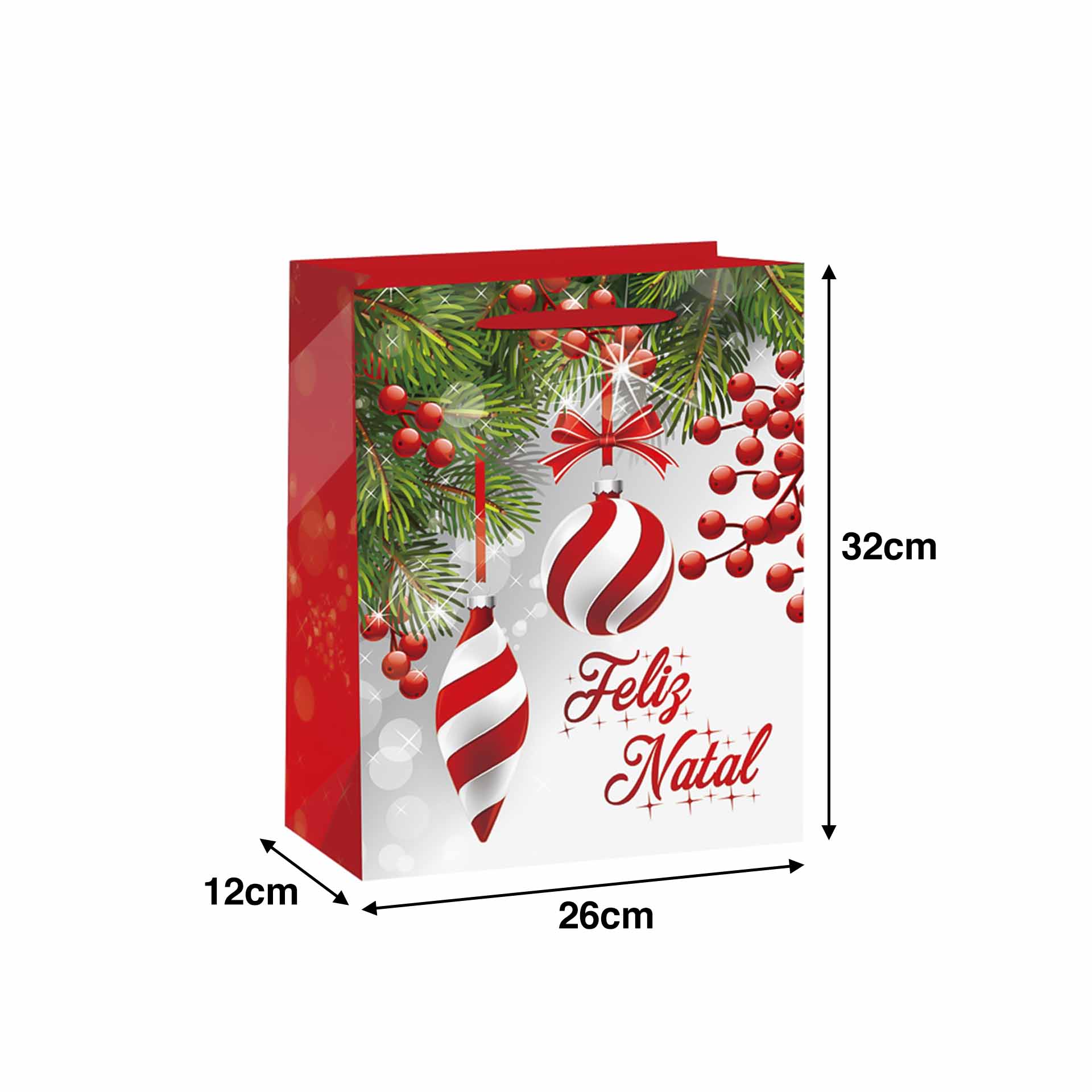 Saco Papel Asa Retorcida Natal Feliz Natal Bolas 26X12X32cm
