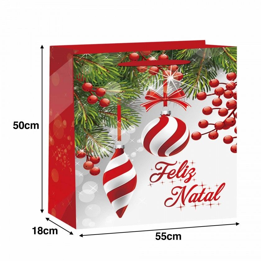 Saco Papel Asa Retorcida Natal Feliz Natal Bolas 26X12X32cm