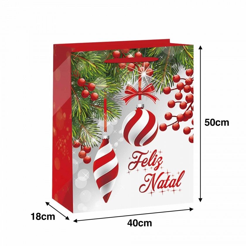 Saco Papel Asa Retorcida Natal Feliz Natal Bolas 26X12X32cm