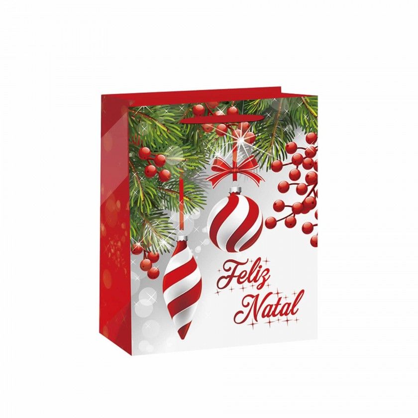 Saco Papel Asa Retorcida Natal Feliz Natal Bolas 26X12X32cm