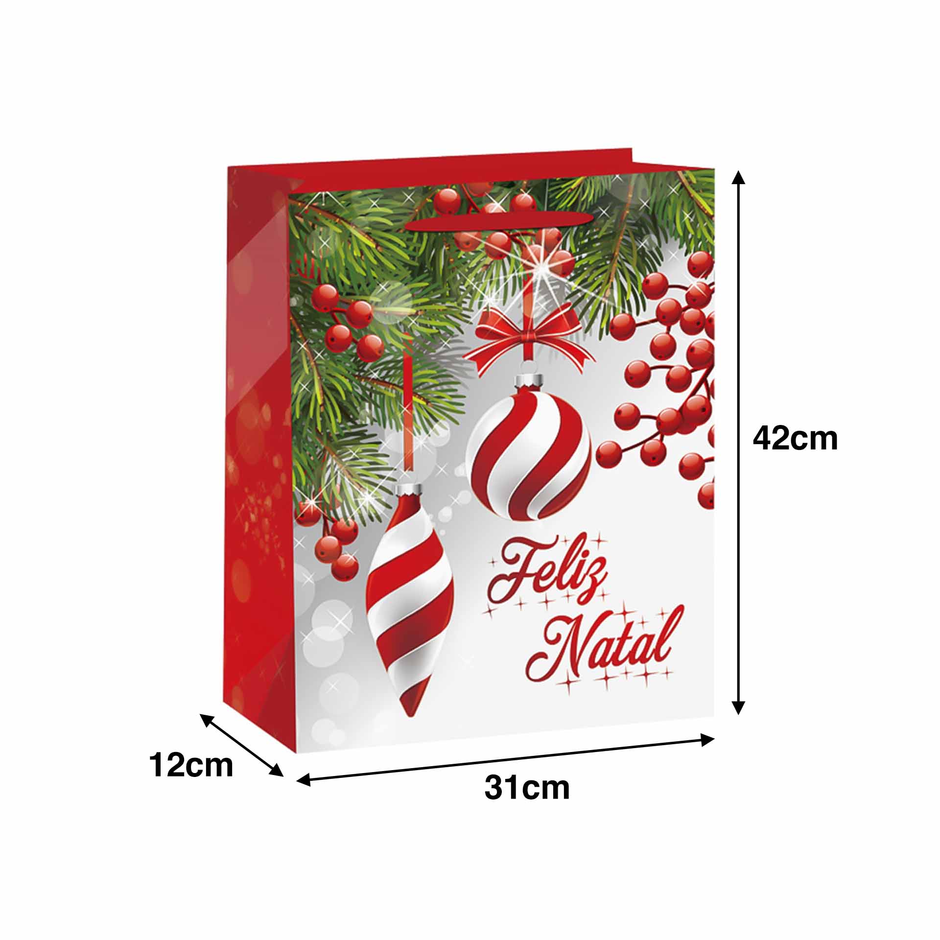 Saco Papel Asa Retorcida Natal Feliz Natal Bolas 26X12X32cm
