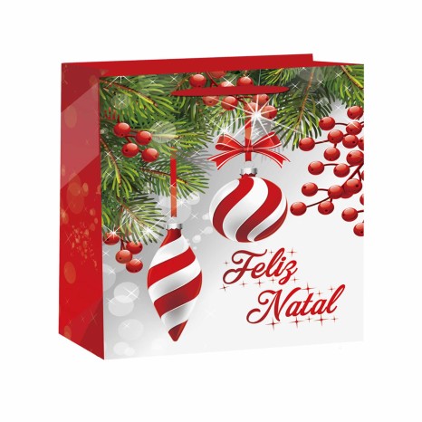 Saco Papel Asa Retorcida Natal Feliz Natal Bolas 26X12X32cm - Image product