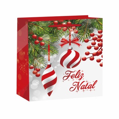 Saco Papel Asa Retorcida Natal Feliz Natal Bolas 26X12X32cm
