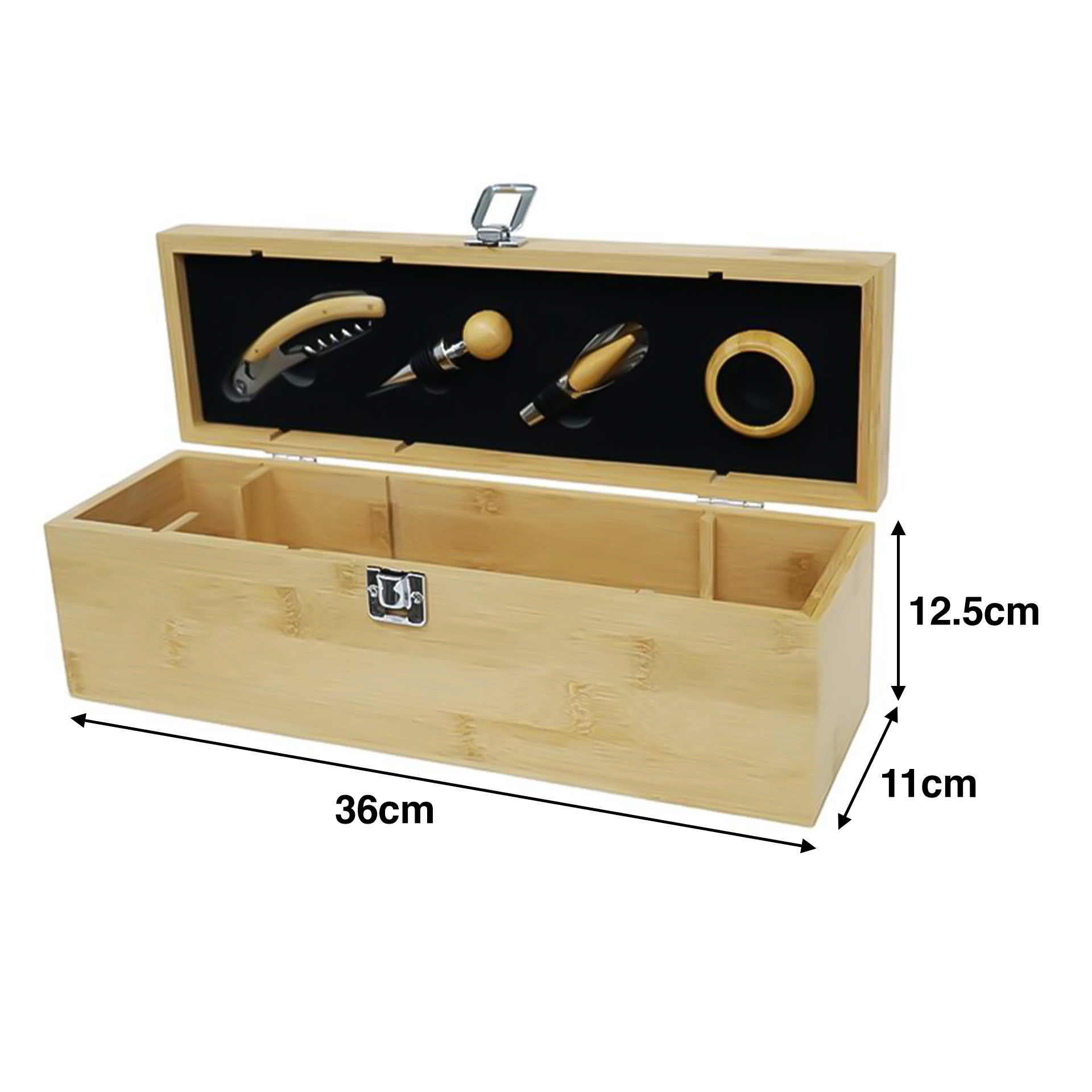 Caixa Madeira + Acessórios Vinho 4 Peças 36X11X12.5cm
