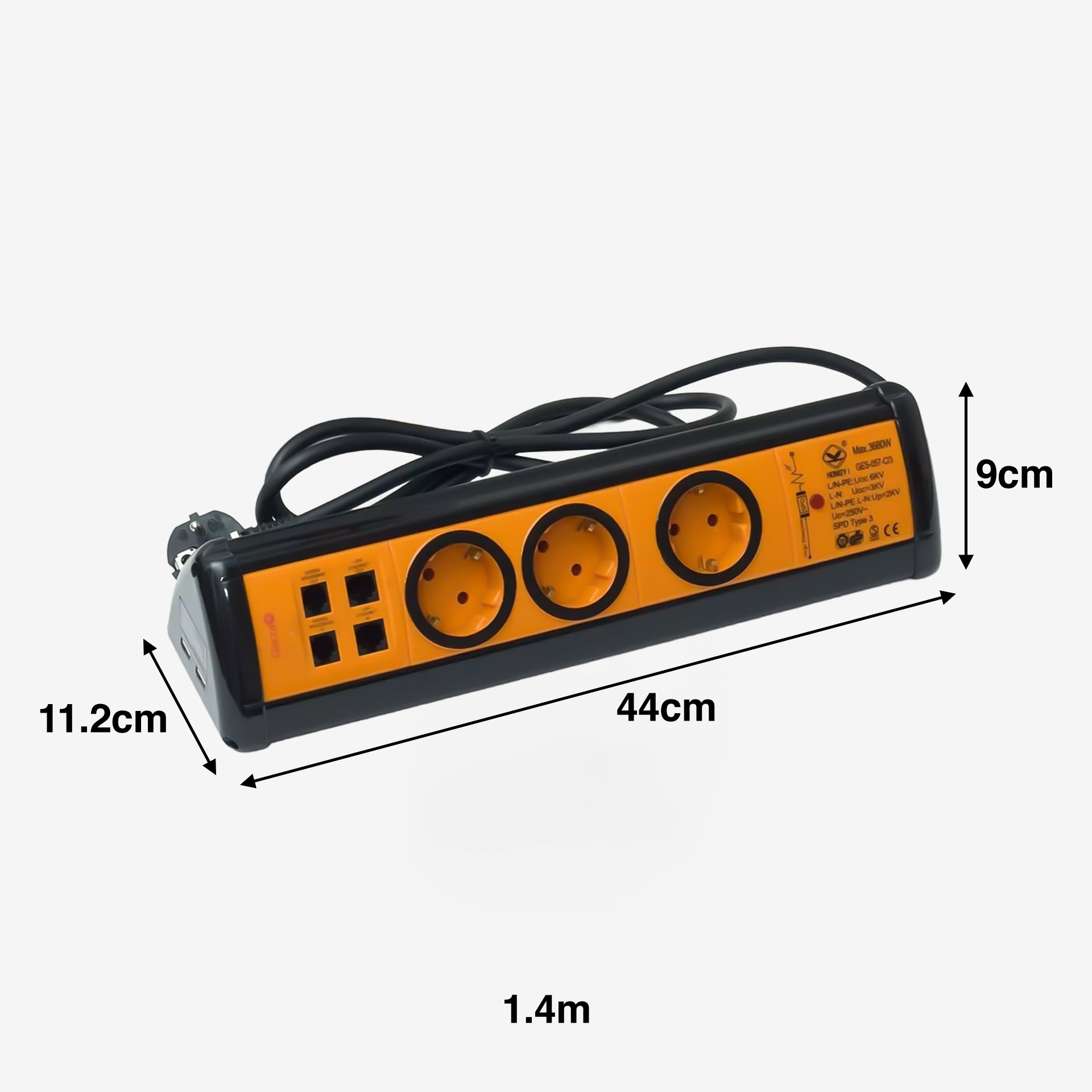 Extensão Profissional com 3 Tomadas + 2 Usb + 2Rj11 + 2Rj45 1.4M
