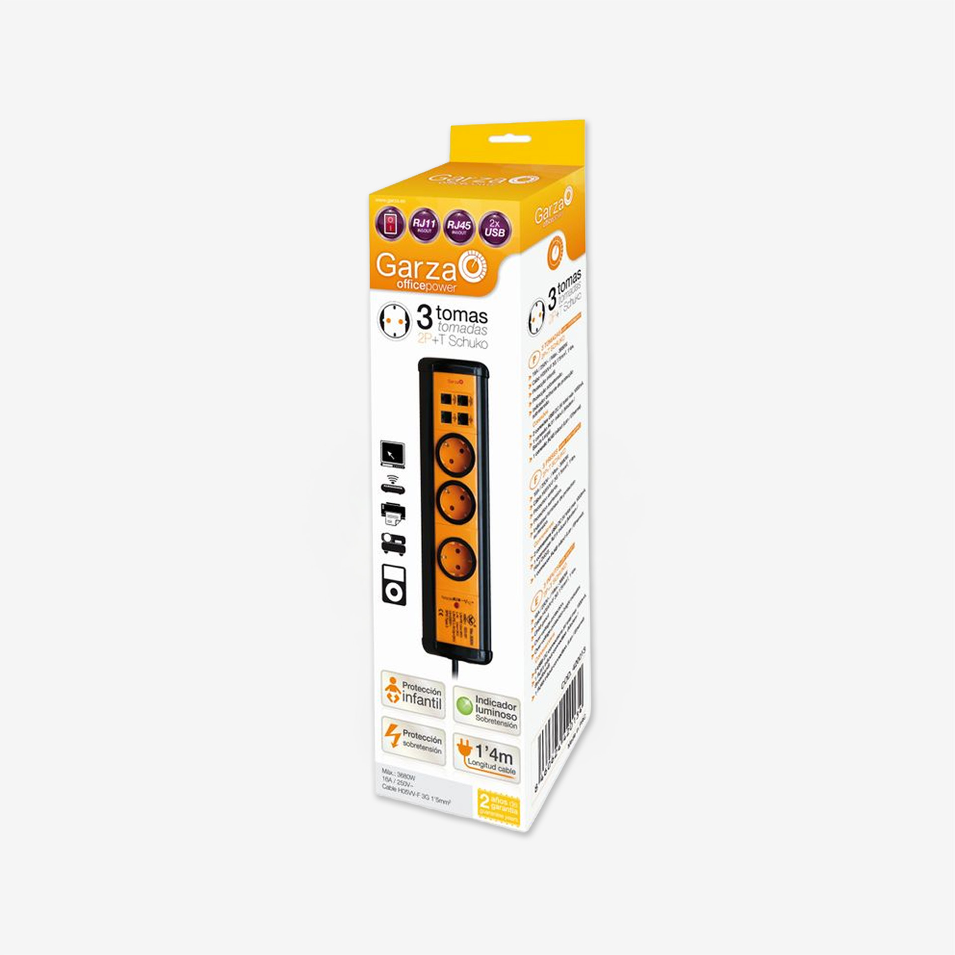 Extensão Profissional com 3 Tomadas + 2 Usb + 2Rj11 + 2Rj45 1.4M
