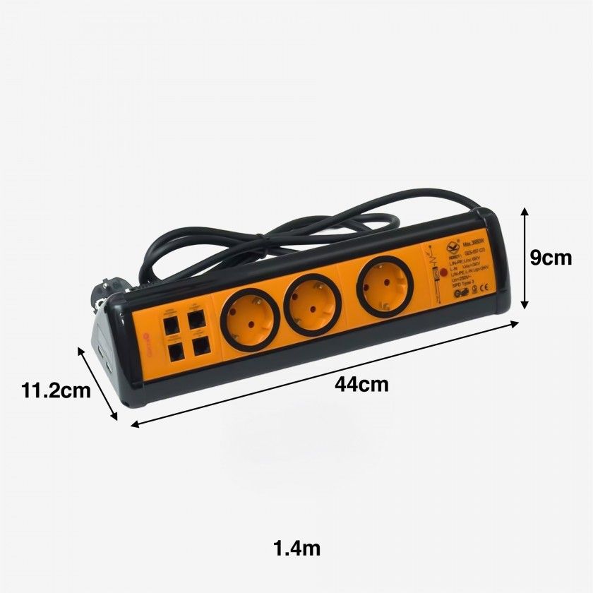 Extens�o Profissional com 3 Tomadas + 2 Usb + 2Rj11 + 2Rj45 1.4M