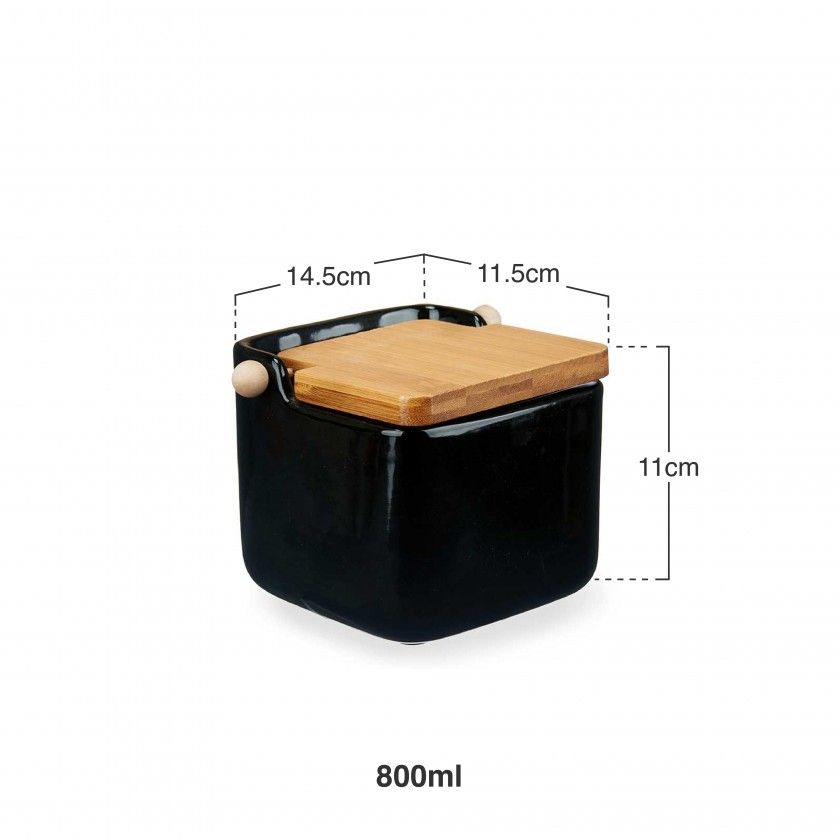 Saleiro Cerâmica Preto Tampa Bambu 800ml Saleiro Cerâmica Preto Tampa Bambu 800ml