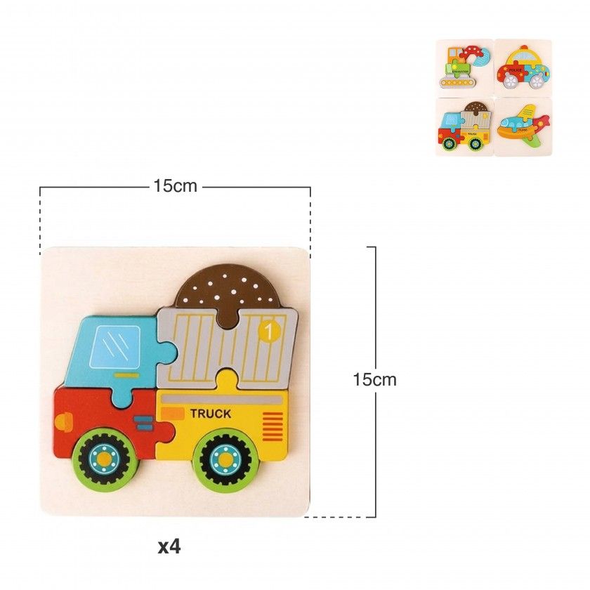 Puzzle Ve�culos Madeira 4Unid 15X15cm