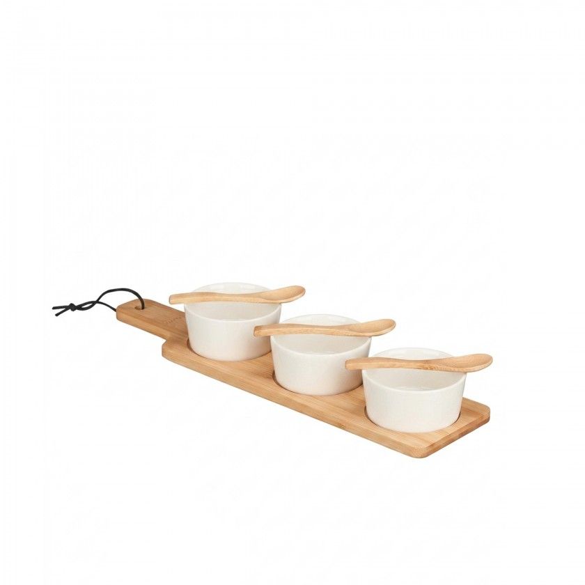 Bandeja Bambu + 3 Taças Ceramica Branca Com Colher Bandeja Bambu + 3 Taças Ceramica Branca Com Colher