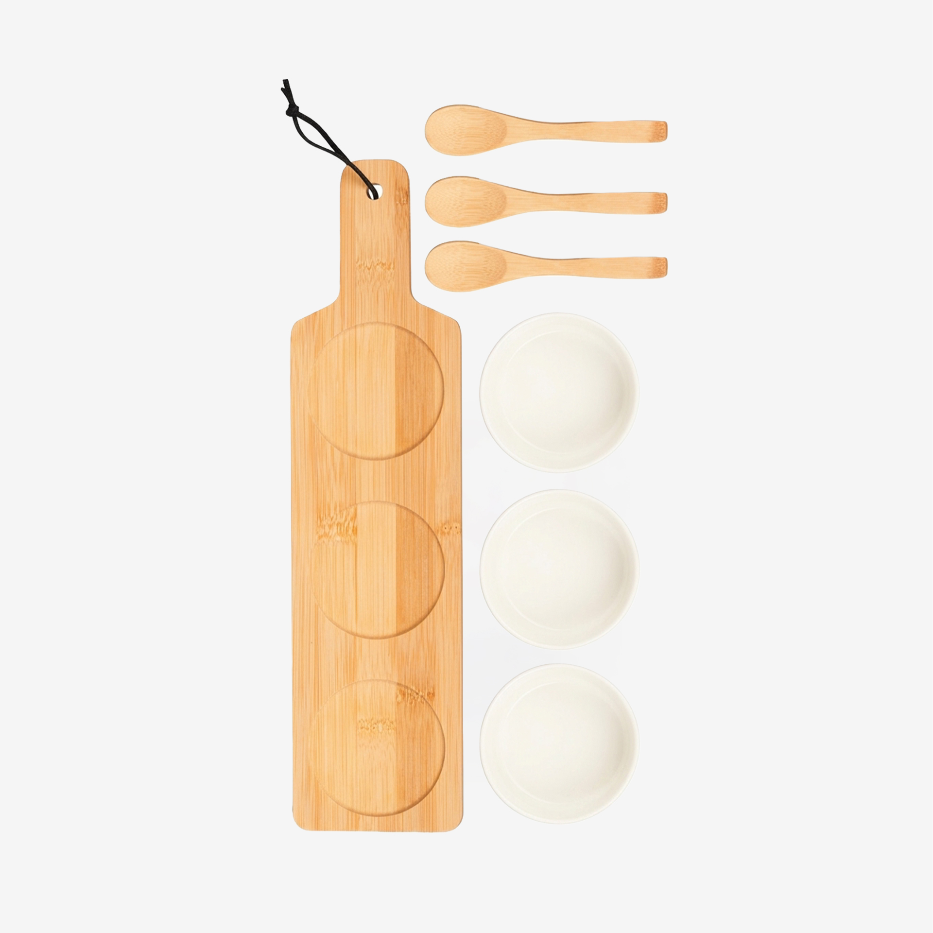 Bandeja Bambu + 3 Taças Ceramica Branca Com Colher