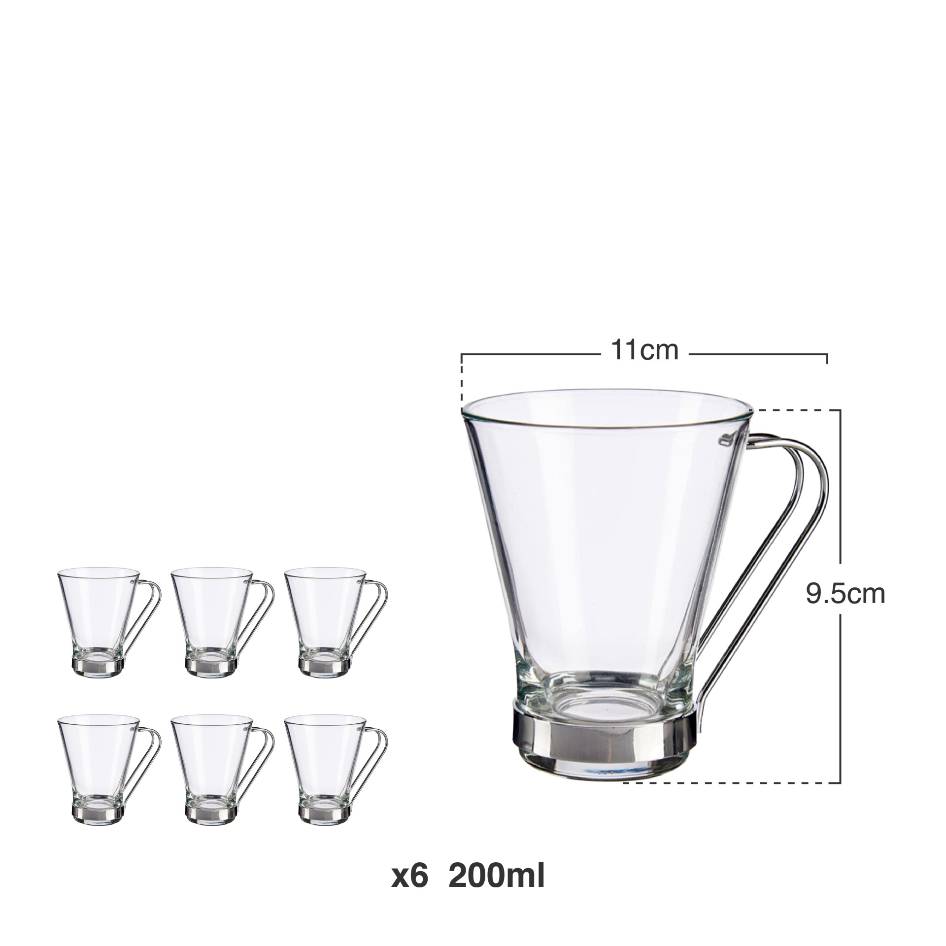 Chávena Vidro Asa Metal 200ml Pack 6