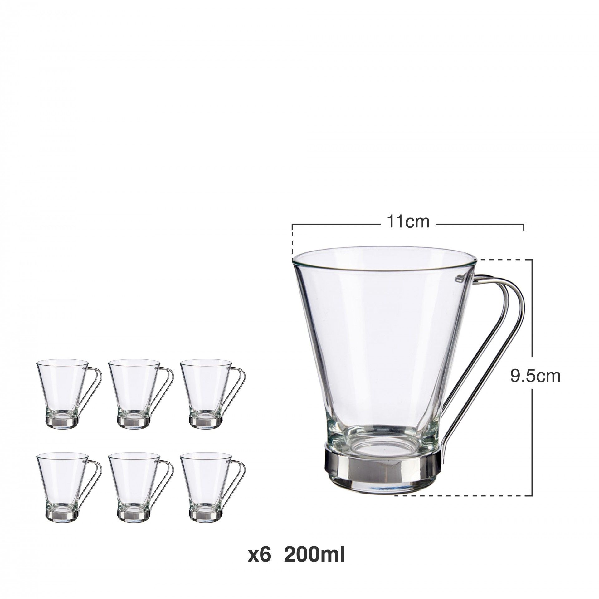 Chávena Vidro Asa Metal 200ml Pack 6