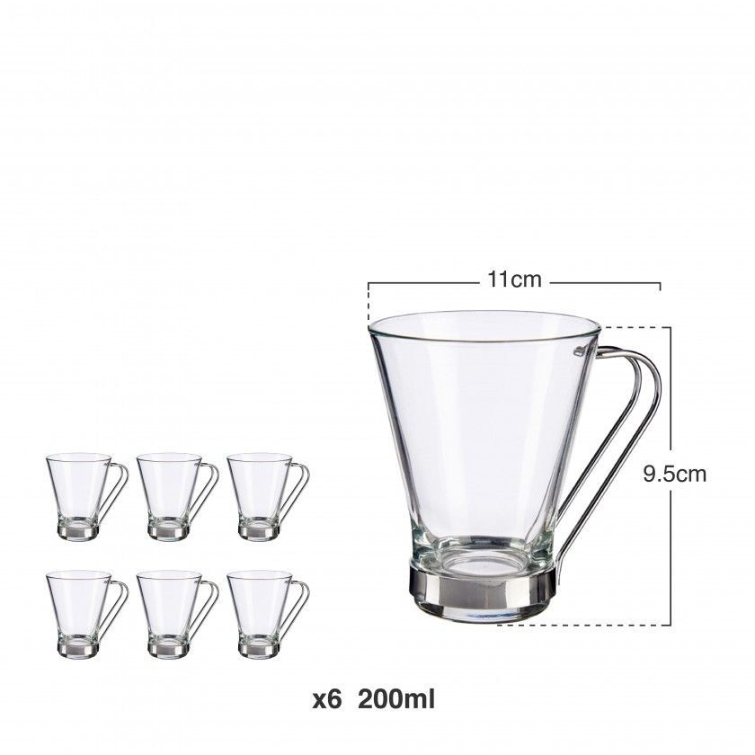 Ch�vena Vidro Asa Metal 200ml Pack 6